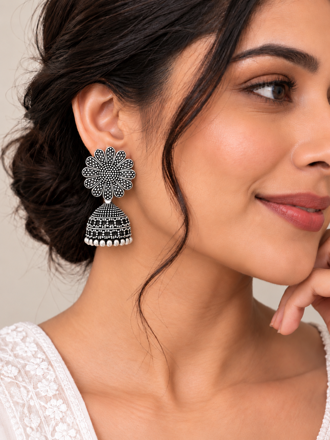 Oxidized Silver Classic Sunflower Studded Traditional Jhumka Earrings