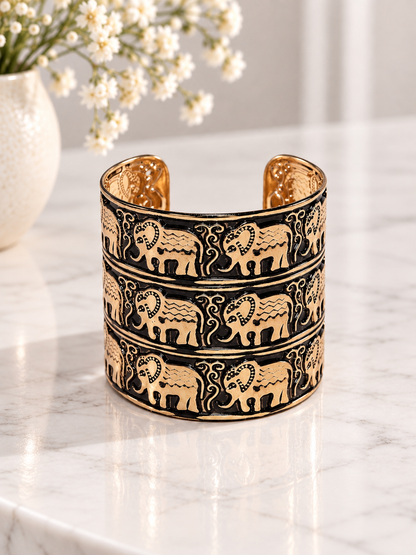 Vintage Antique Gold & Black Enamel Elephant Motif Wide Cuff Bracelet