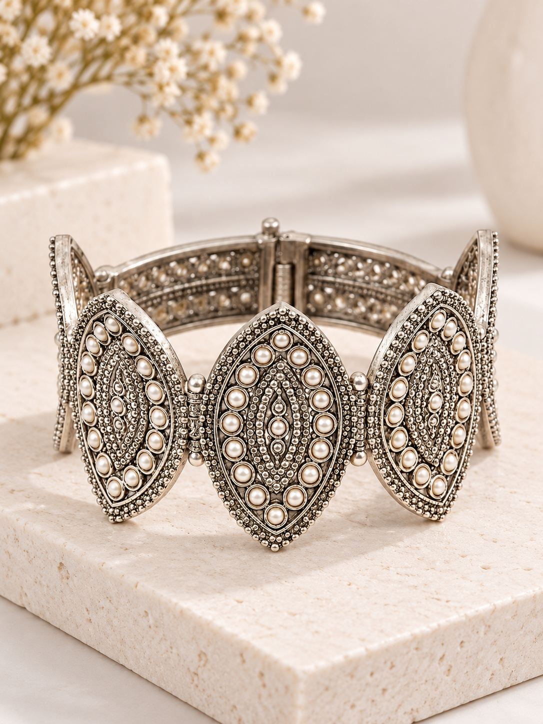Vintage Oxidized Silver Marquise Motif Pearl Beaded Wide Cuff Bracelet