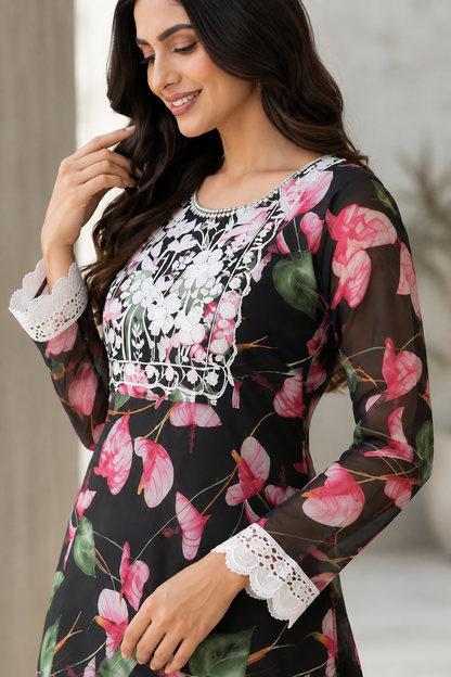 GD Raahi Gulabi Dhaga Kurta Set-Black