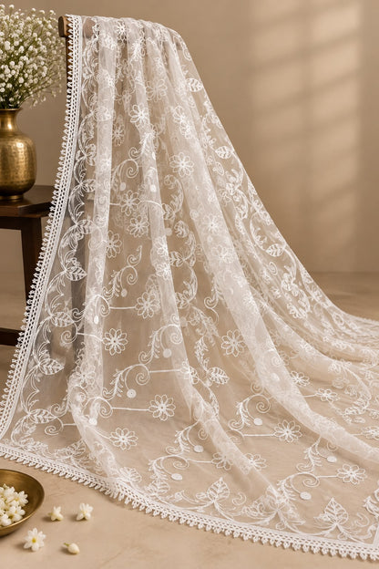 GD White Net Floral Chikankari Dupatta