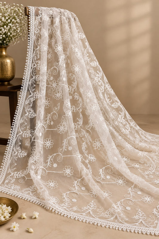 GD White Net Floral Chikankari Dupatta