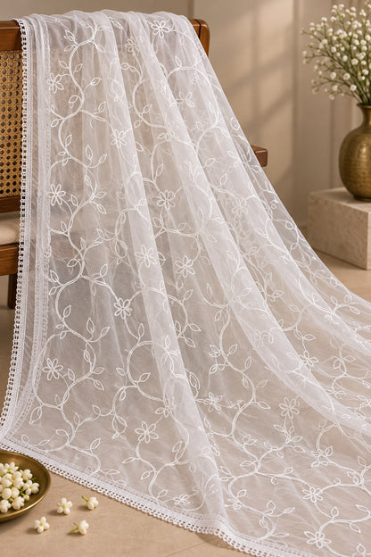 GD White Chiffon Floral Chikankari Dupatta