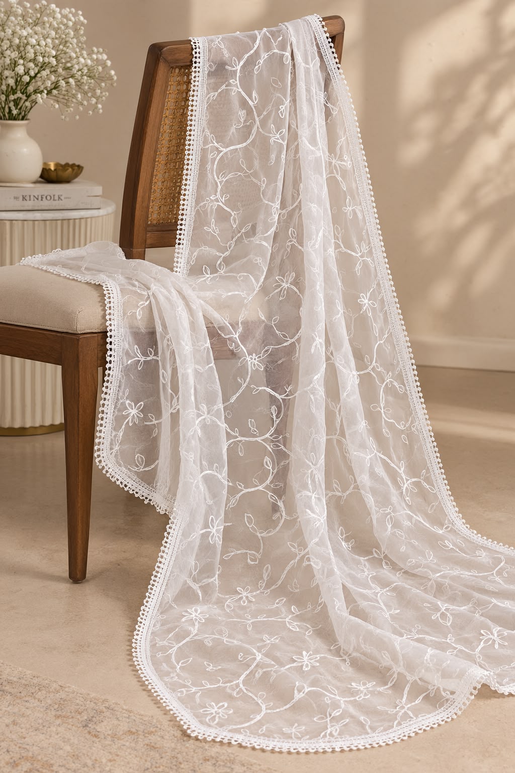 GD White Chiffon Floral Chikankari Dupatta