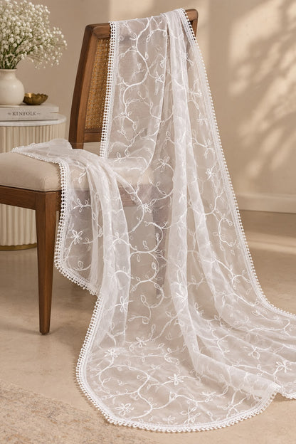 GD White Chiffon Floral Chikankari Dupatta