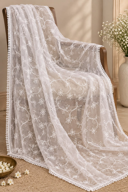 GD White Chiffon Floral Chikankari Dupatta