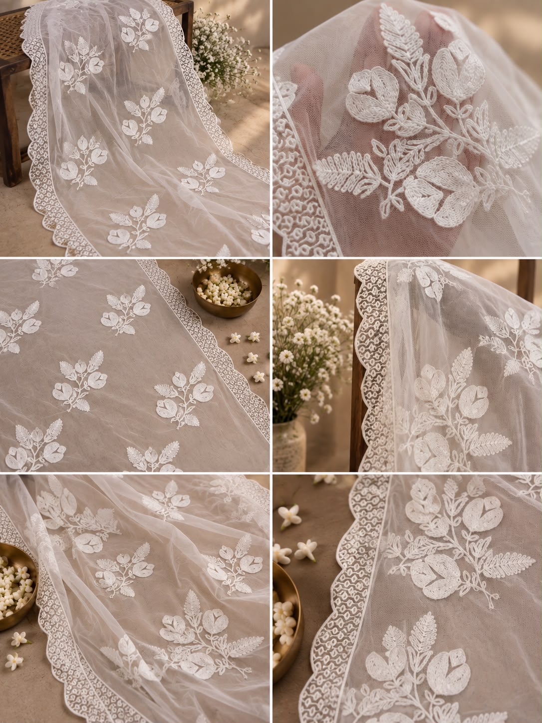 GD White Net Floral Chikankari Dupatta