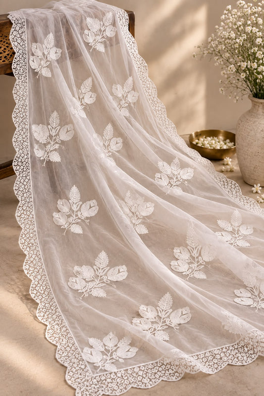 GD White Net Floral Chikankari Dupatta