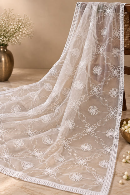 GD White Organza Floral Chikankari Dupatta
