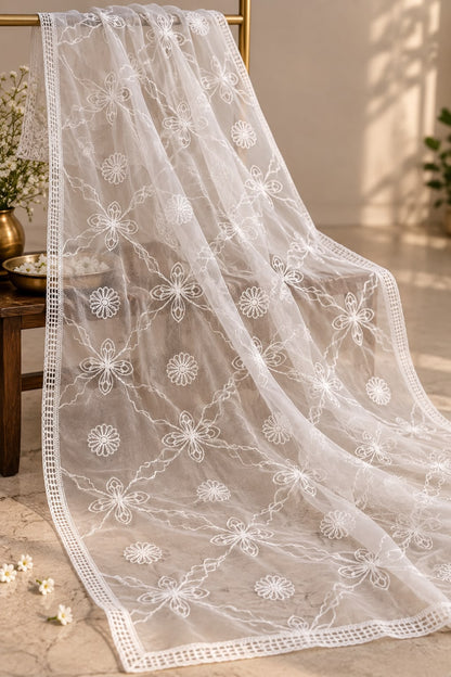 GD White Organza Floral Chikankari Dupatta