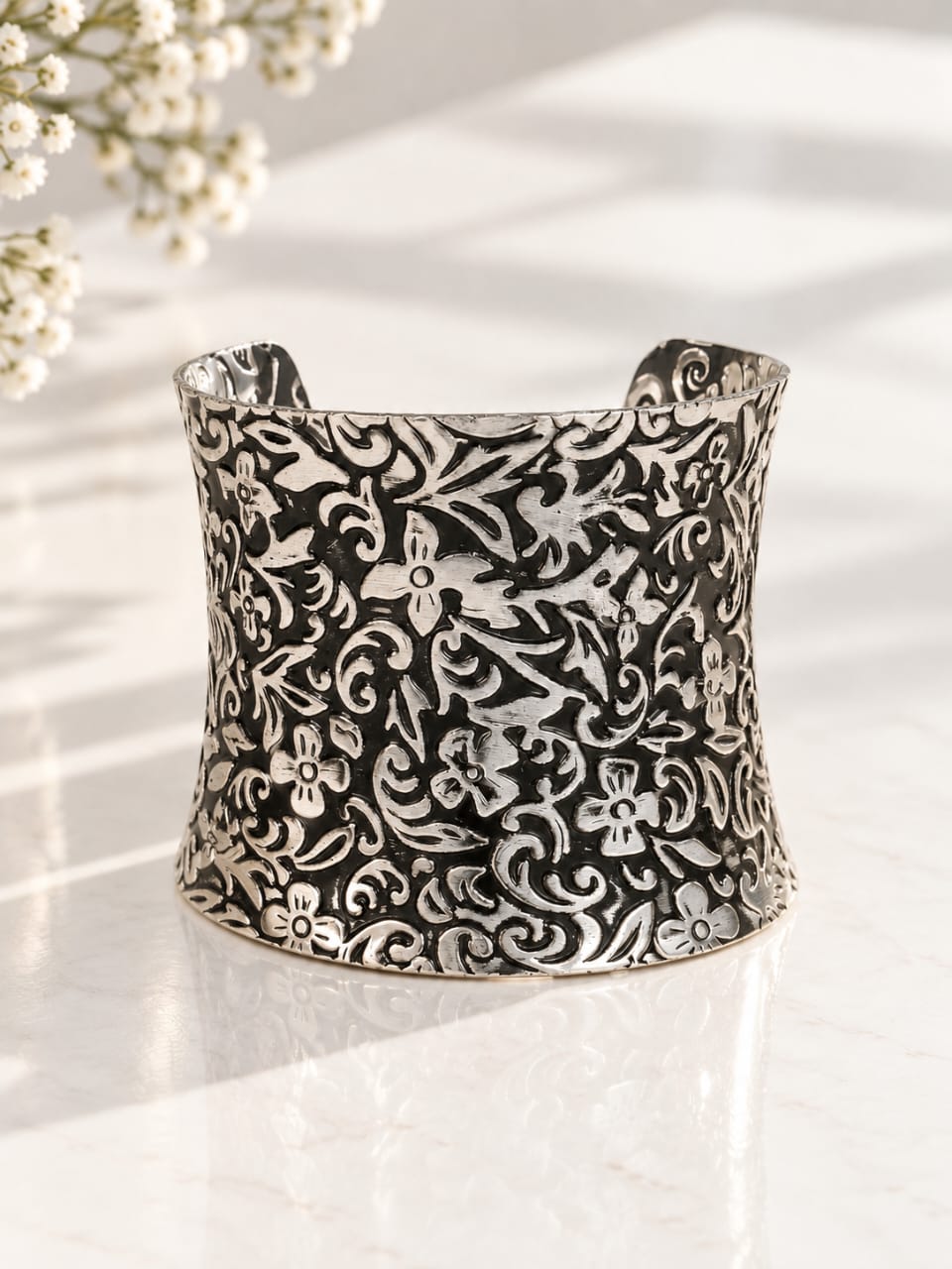 Antique Floral Oxidised Silver Cuff Bracelet