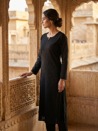Black Khush Rang Gulabi Dhaga Kurta Set